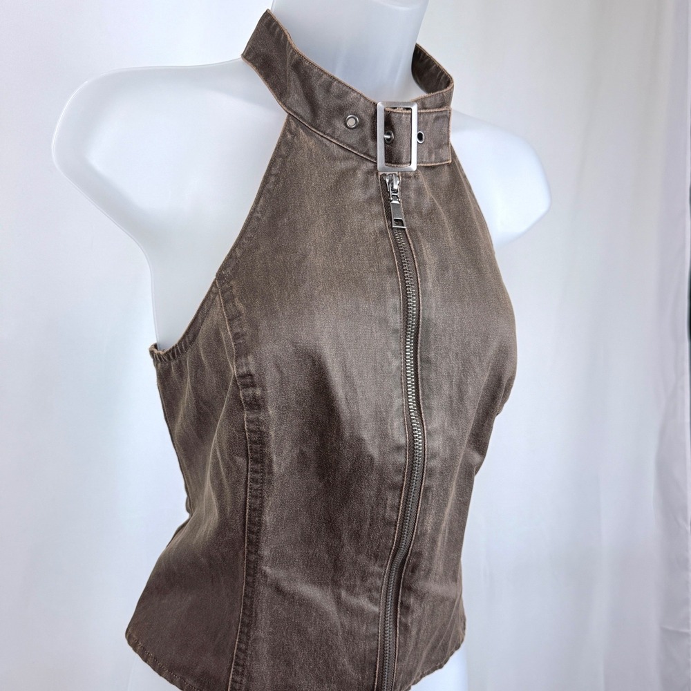 Wild Fable M Brown Faux Leather Halter Moto Zip Buckle Y2K Biker Tank Top NWT - Picture 3 of 8